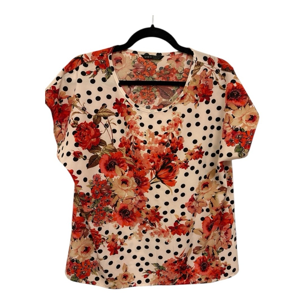 Floral Polka Dot Short Sleeve Top | Eclectic Retro Mixed Print Blouse Large
